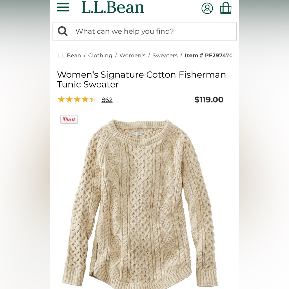 L.L.Bean Women's Signature Cotton Fisherman Tunic Sweater.